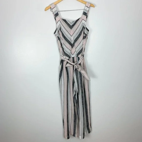 Vince Camuto Pastel Striped 100% Linen Cropped Wide Leg Jumpsuit Size Medium - Picture 2 of 15